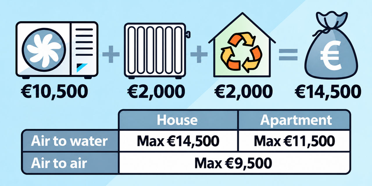 Breakdown of SEAI heat pump grants showing funding for heat pumps, heating upgrades and the renewable heat bonus.