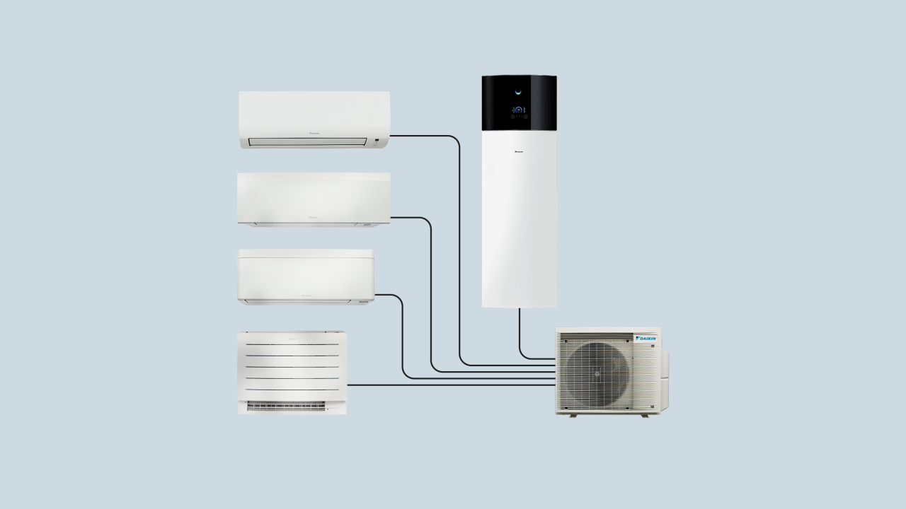 5 indoor units including wall mounted, floor standing and concealed ceiling connected to an outdoor unit. Illustration.