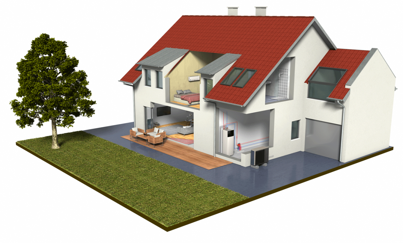 An illustrated look inside a house with three Daikin indoor units and an outside unit installed
